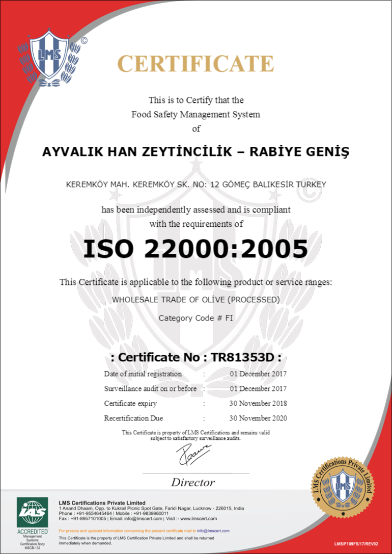 Ayvalık Han Zeytincilik'in resmi belgeleri, sertifikaları ve kalite standartlarını inceleyin. Üretim sürecimizdeki şeffaflık ve ürünlerimizin güvenilirliği hakkında detaylı bilgi edinin.